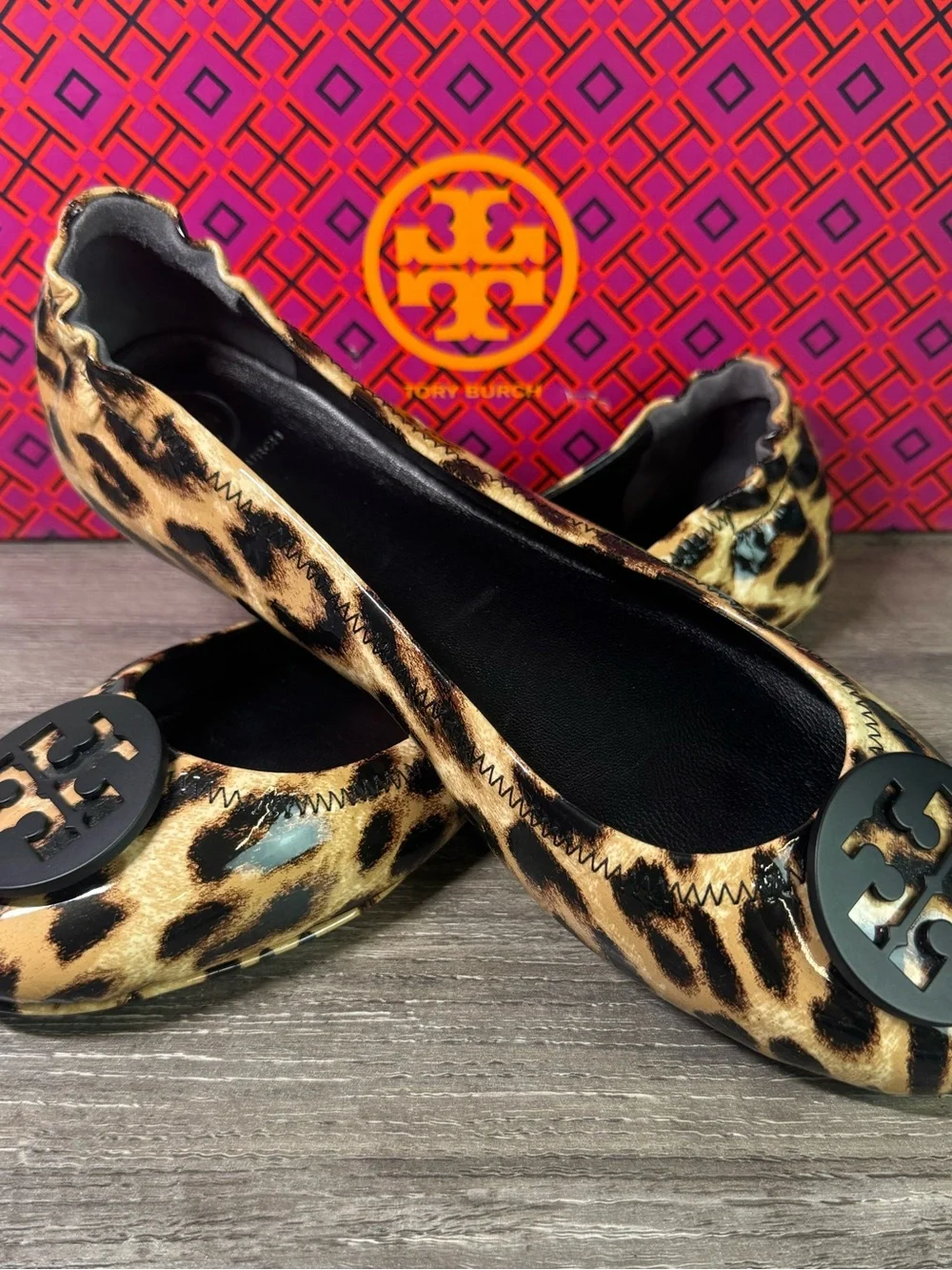 Tory Burch Patent Leather Leopard Print Travel Ballet Flats Sz 9 RARE $258